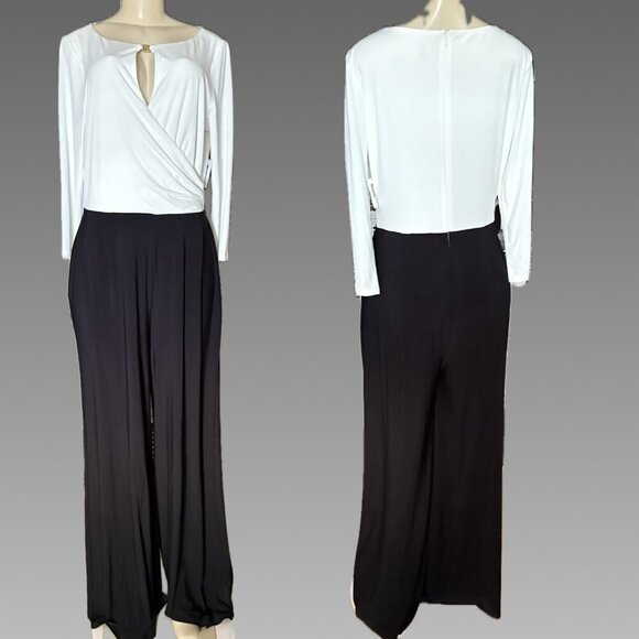Anne Klein 12 Black-Cream Keyhole Neckline Faux Wrap 3/4 Sleeve Palazzo Jumpsuit - Picture 1 of 6